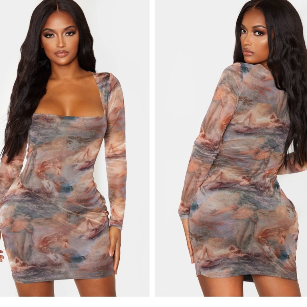 PLT Renaissance mesh square neck body con dress